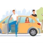 Car Sharing Illustration. A Group Of People Near The Car. Share